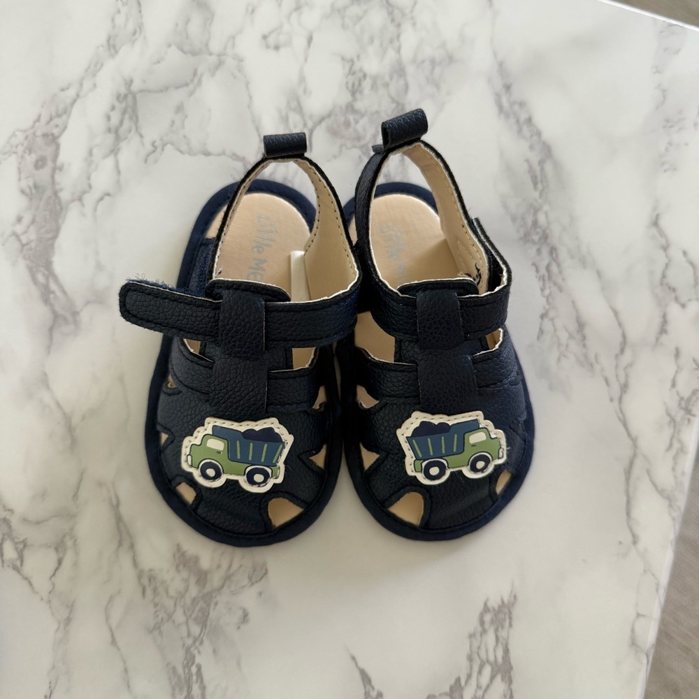 Little Me Navy Sandals with Green Truck Design